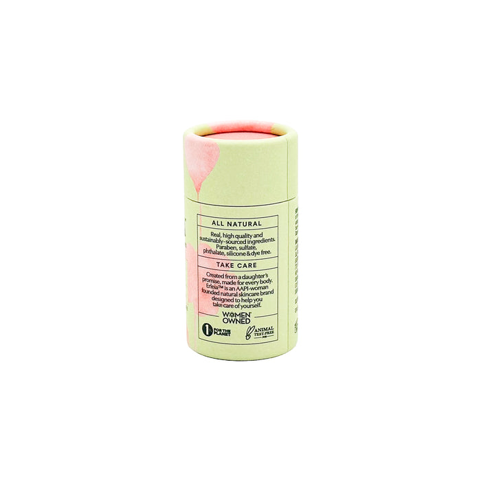 Erleias Face Balm - Acne Fighting is a cylindrical, eco-friendly deodorant stick with a green and pink design. This all-natural, vegan product is woman-owned, certified plastic-free, cruelty-free, and doubles as a solid face moisturizer.