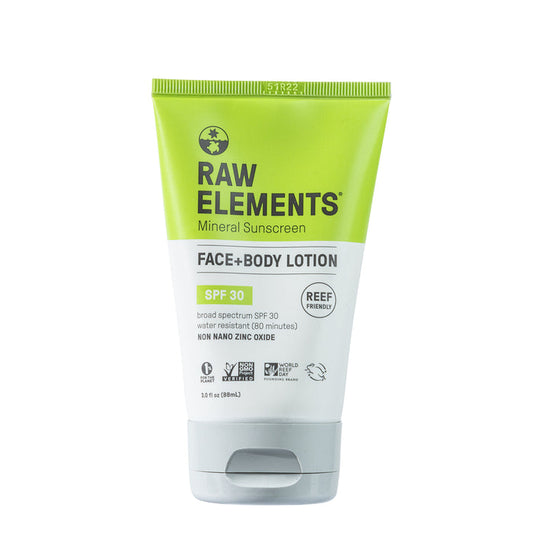 Raw Elements Face + Body SPF 30 sunscreen, in green, gray, and white packaging, provides natural broad-spectrum protection using non-nano zinc oxide. Its reef-friendly and water-resistant for 80 minutes.