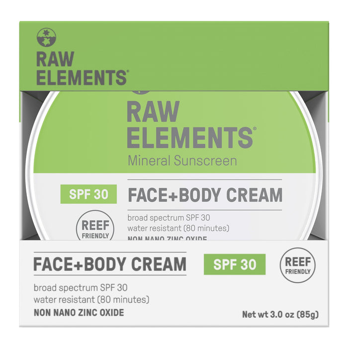 A 3.0 oz (85g) recyclable tin of Raw Elements Face + Body - SPF 30 mineral sunscreen, reef friendly, water resistant for 80 minutes, with non-nano zinc oxide and broad spectrum protection.