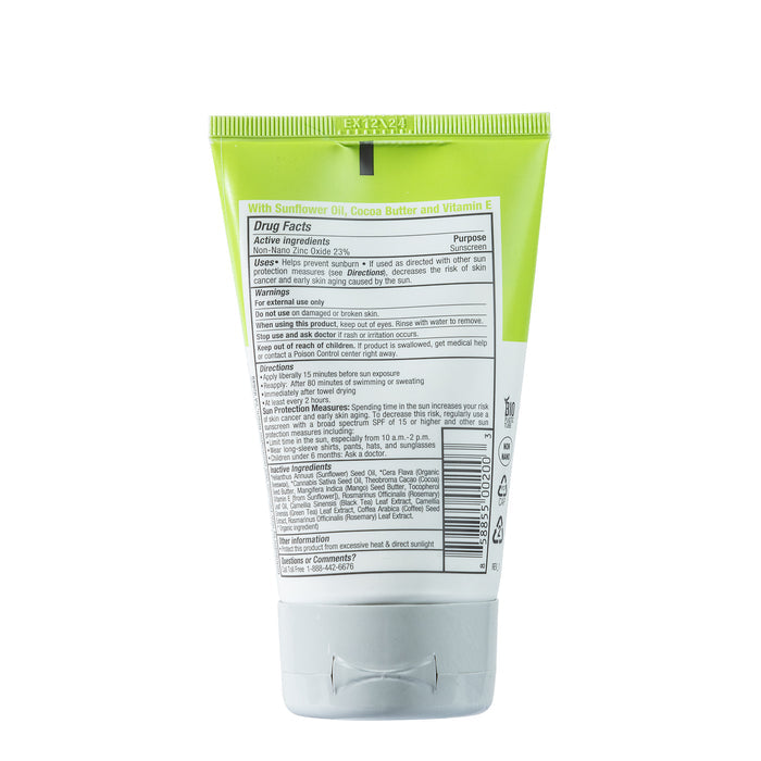 The image displays the back of Raw Elements Face + Body - SPF 30 sunscreen tube. The green and white packaging includes drug facts, ingredients, and directions, with broad spectrum protection and a convenient flip-top cap at the bottom.