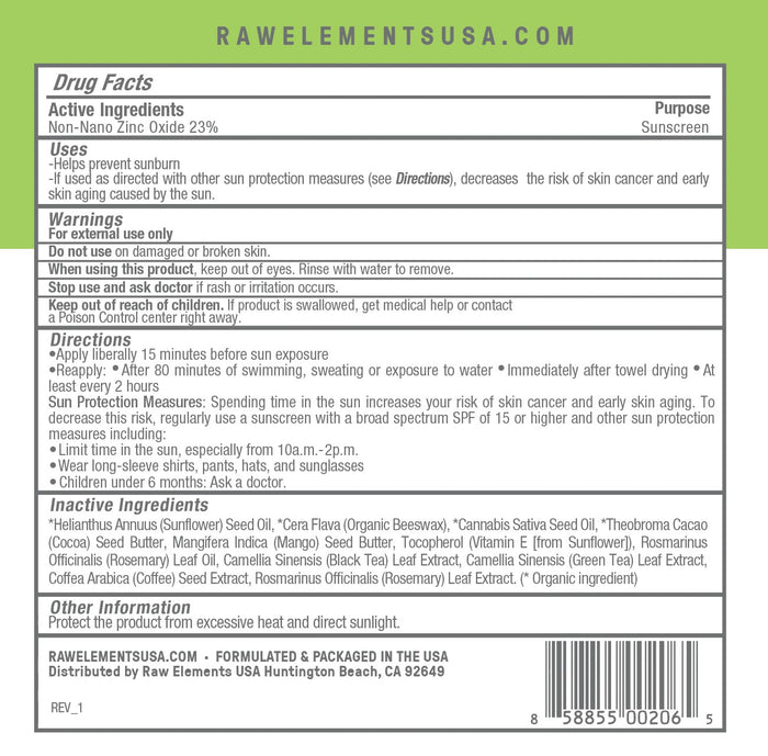 The image features the back label of Raw Elements’ Face + Body - SPF 30 sun protection product. It highlights broad spectrum protection, all-natural ingredients, usage directions, warnings, and drug facts. A barcode and contact info are at the bottom of the recyclable tin.