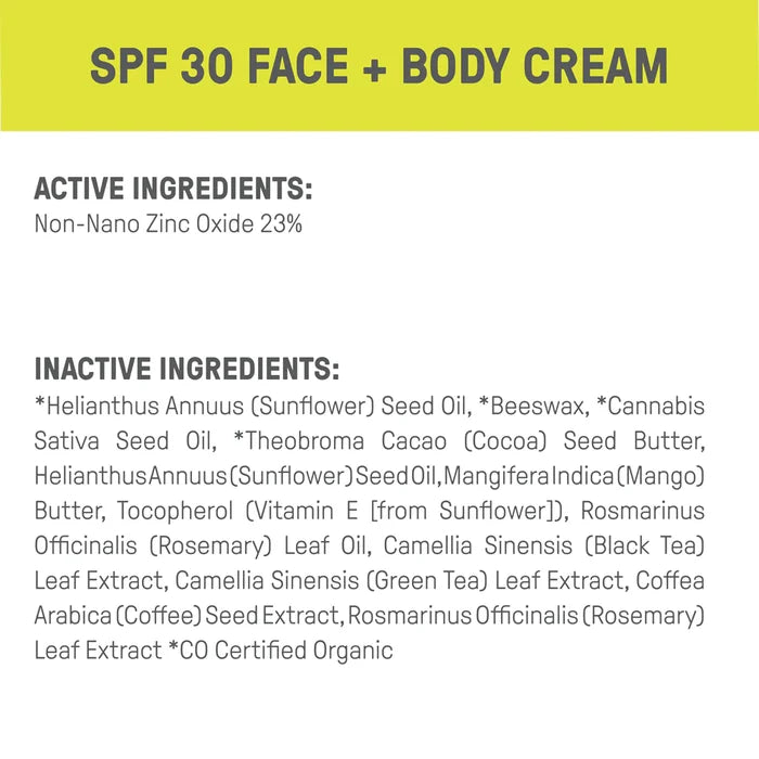 The Raw Elements Face + Body - SPF 30 features a yellow label, offers broad spectrum protection with 23% Non-Nano Zinc Oxide, and includes inactive ingredients like sunflower seed oil, beeswax, and cocoa seed butter. Its USDA Certified Organic and comes in a recyclable tin.