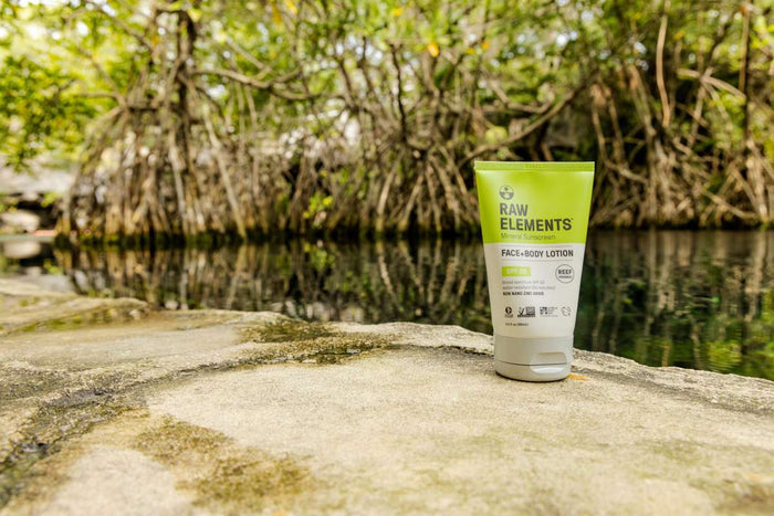 A tube of Raw Elements Face + Body - SPF 30, offering broad spectrum protection, is set on a stone surface by a pond with mangrove trees in the background. The green and white packaging highlights its natural, eco-friendly design.