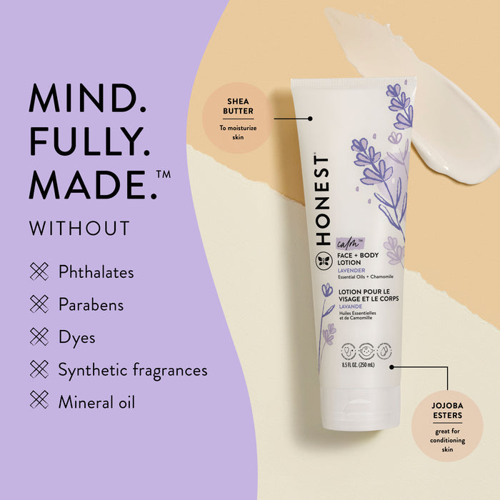 The Honest Companys Face + Body Lotion, suitable for all skin types, is enriched with naturally derived shea butter and jojoba esters. It contains lavender and chamomile, free from phthalates, parabens, dyes, synthetic fragrances, and mineral oil, featuring a purple floral design.
