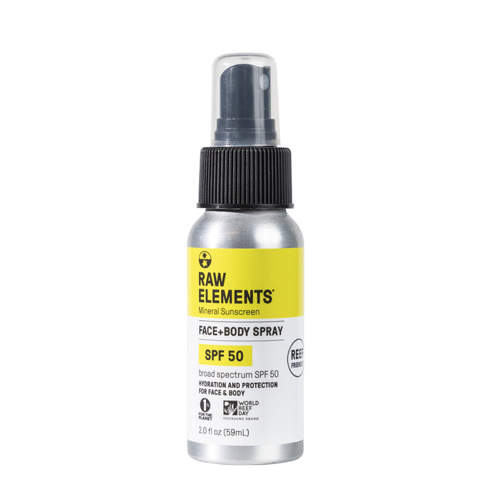 Raw Elements 2.0 fl oz Face & Body Spray - SPF 50 provides broad spectrum, reef-safe protection with Titanium Dioxide. It comes in a silver bottle with a black spray top and yellow branding.