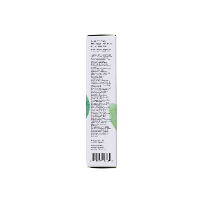 Side view of a Mad Hippie Face Cream box features antioxidant-rich ingredients and directions in small text. The design has a white background with green accents, emphasizing its nourishing formula with anti-aging peptides.