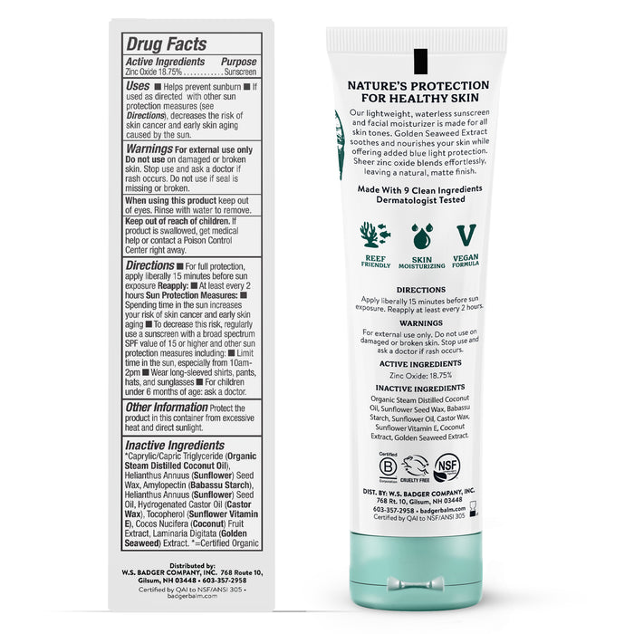 A white tube of Badger Balm Face Mineral Sunscreen SPF 30 is shown with its back label and outer box, displaying drug facts, ingredients, directions, certifications, and claims like reef-friendly, vegan, and dermatologist tested.
