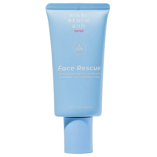 A 1.7 fl oz (50 ml) blue tube of Miami Beach Bum Face Rescue Cream with a white cap features a label stating it’s a deeply hydrating face cream with hyaluronic acid, enriched with calendula + kelp, to restore your moisture barrier.