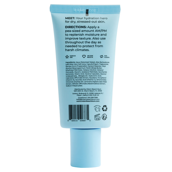 A blue tube of Miami Beach Bums Face Rescue Cream includes usage instructions, ingredients, and company info. Enriched with Hyaluronic Acid, it recommends a pea-sized application to hydrate and protect your skins moisture barrier.