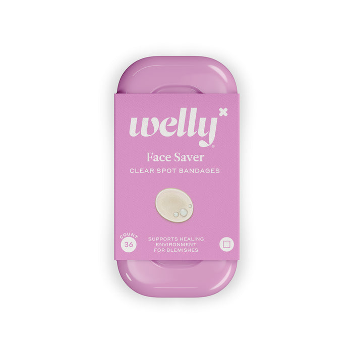 The Welly Face Saver comes in a pink container and includes 36 clear spot bandages for blemishes. The packaging displays a close-up of a circular bandage, ideal for minor skin imperfections.
