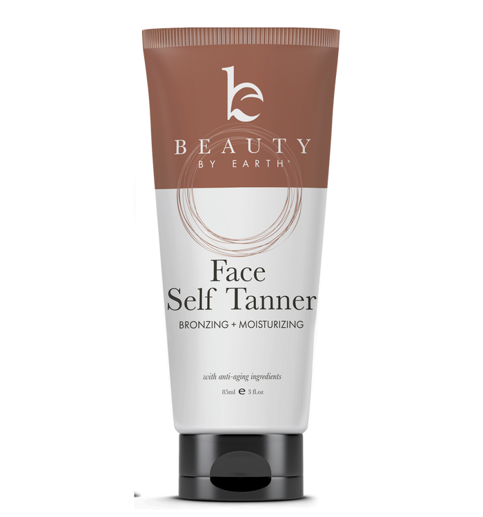 Beauty by Earths Face Self Tanner provides a natural glow, offers bronzing and moisturizing benefits, and includes anti-aging ingredients. The vegan-friendly packaging is brown and white with the brand logo and product details. It comes in an 89 ml (3 fl. oz.) tube.