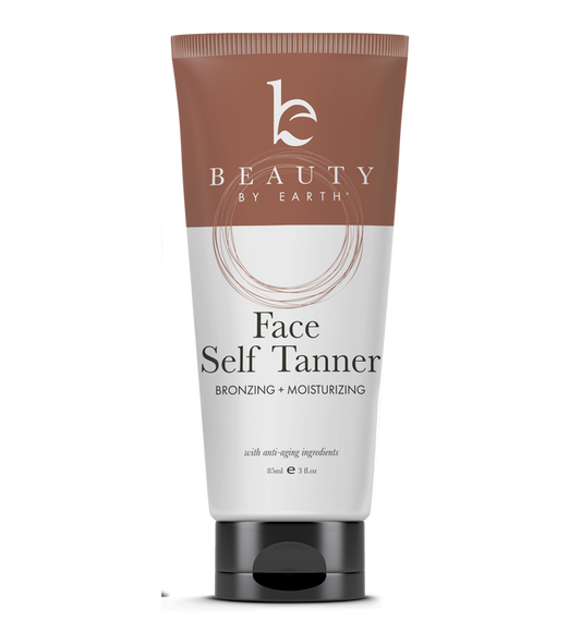 Beauty by Earths Face Self Tanner provides a natural glow, offers bronzing and moisturizing benefits, and includes anti-aging ingredients. The vegan-friendly packaging is brown and white with the brand logo and product details. It comes in an 89 ml (3 fl. oz.) tube.