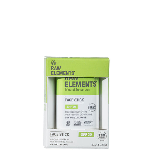 The Raw Elements Face Stick - SPF 30, in green and white packaging, is a 0.5 oz (14 g) stick offering reef-friendly, broad-spectrum sun protection using non-nano zinc oxide and antioxidants for safe, eco-conscious skincare.