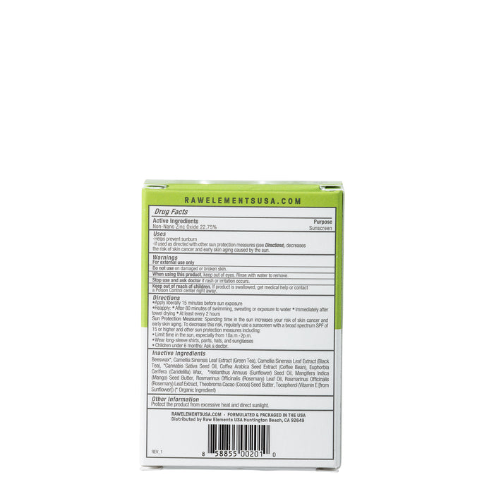 The Raw Elements Face Stick SPF 30 box highlights essential sun protection details, such as active ingredients and antioxidants. It includes warnings, directions, inactive ingredients, and prominently displays a website URL at the top. The box is predominantly green and white.