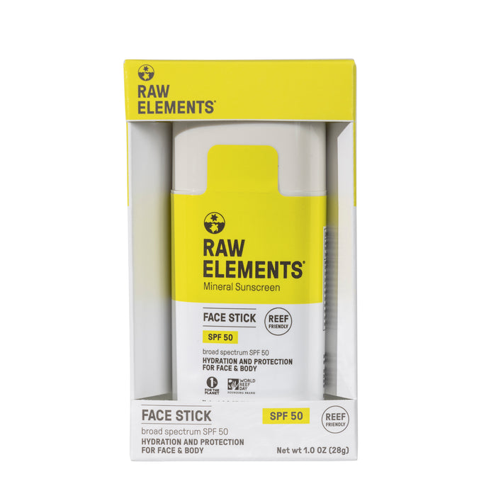 The Raw Elements Face Stick - SPF 50 offers broad spectrum sun protection with Titanium Dioxide. The 28g white and yellow packaging states REEF FRIENDLY and HYDRATION AND PROTECTION FOR FACE & BODY.