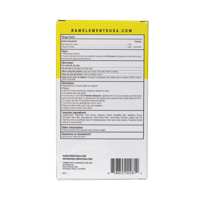 The image shows the back of a Raw Elements Face Stick - SPF 50 package, offering broad spectrum sun protection. It includes drug facts, warnings, usage directions, and ingredients on a white background with a yellow header.