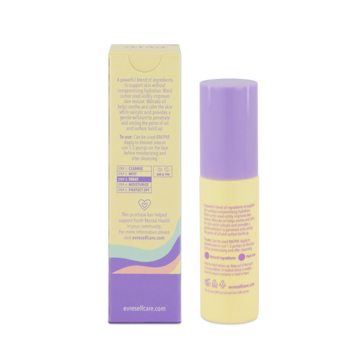 The image shows the Face Up To It Clarifying Dry Oil by evre., a skincare product with black cumin seed. The bottle is cylindrical, featuring a purple cap and yellow body. Its yellow box with purple text provides instructions and lists the website everselfcare.com.
