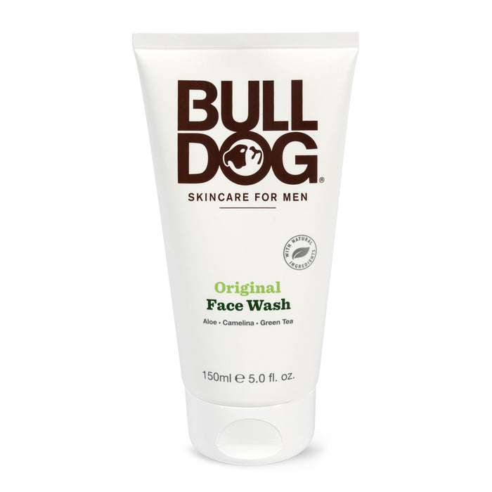 A 150ml white tube of Bulldog Face Wash for Men, highlighted by bold brown text and a dog logo. This cruelty-free wash is enriched with aloe, camelina, and green tea.