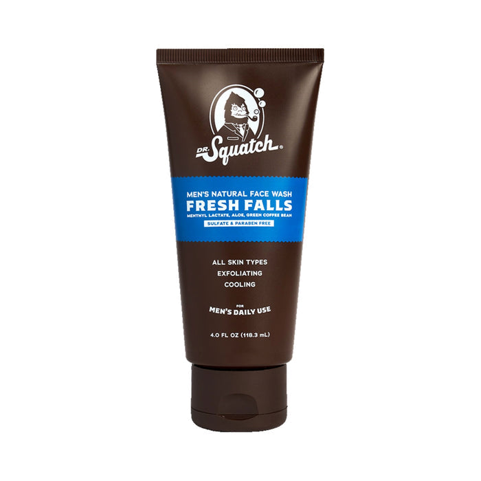 Dr. Squatch Face Wash in a brown tube, labeled Fresh Falls, is perfect for all skin types. It contains exfoliating and cooling green coffee bean extracts and comes in a 4.0 fl oz (118.3 ml) size, ideal for daily use and refreshed skin.