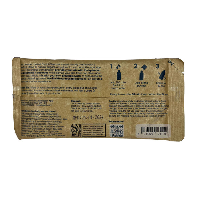 LastObjects Facial Cleanser Refill comes in a natural-colored packet with English instructions and a powder formula ideal for sensitive skin. It includes usage directions, a QR code, numbers, icons illustrating steps, and manufacturing details (25/01/2024).