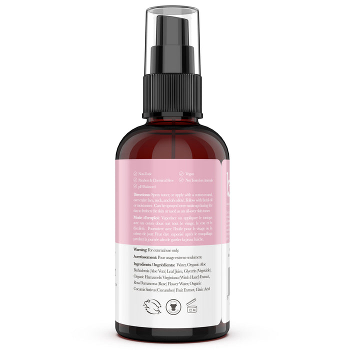 The Beauty by Earth Facial Toner with Witch Hazel & Rose Petal Water features a brown spray bottle with a black cap. The pink and white label highlights eco-friendliness and cruelty-free status, includes ingredient details, usage instructions, and provides gentle care.