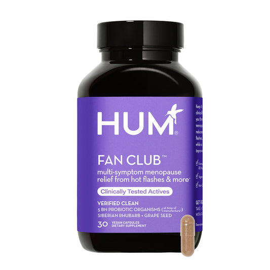 HUM Nutritions Fan Club Menopause Relief - For Hot Flashes supplement, featuring a purple label with white text, contains 30 vegan capsules designed to alleviate perimenopause symptoms. A capsule is placed next to the bottle.