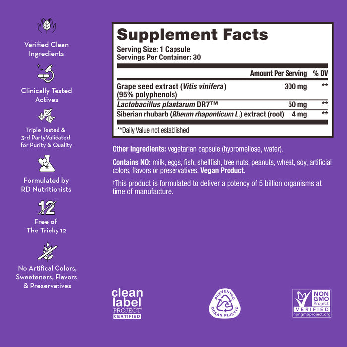 A purple supplement label includes facts and ingredients. Contains 300 mg grape seed extract, 500 mg Lactobacillus plantarum, 4 mg Siberian rhubarb extract per capsule. It states No Artificial Colors or Sweeteners, Clean Label Project, Non-GMO verified.