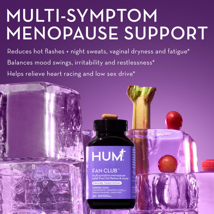 A bottle of HUM Fan Club menopause support supplement is surrounded by ice blocks and some fruits. The text emphasizes that the product reduces hot flashes, night sweats, and other menopause symptoms. The background is a gradient of purple and pink hues.