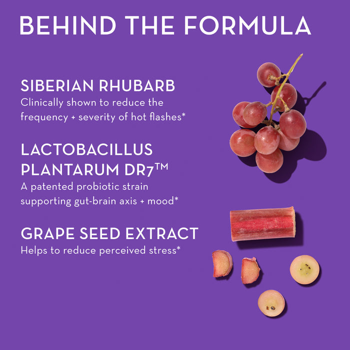 A purple graphic "Behind the Formula" features text/images of ingredients. It lists "Siberian Rhubarb," "Lactobacillus Plantarum DR7™," and "Grape Seed Extract" with descriptions of their health benefits. Photos include grapes, a rhubarb stalk and slices.
