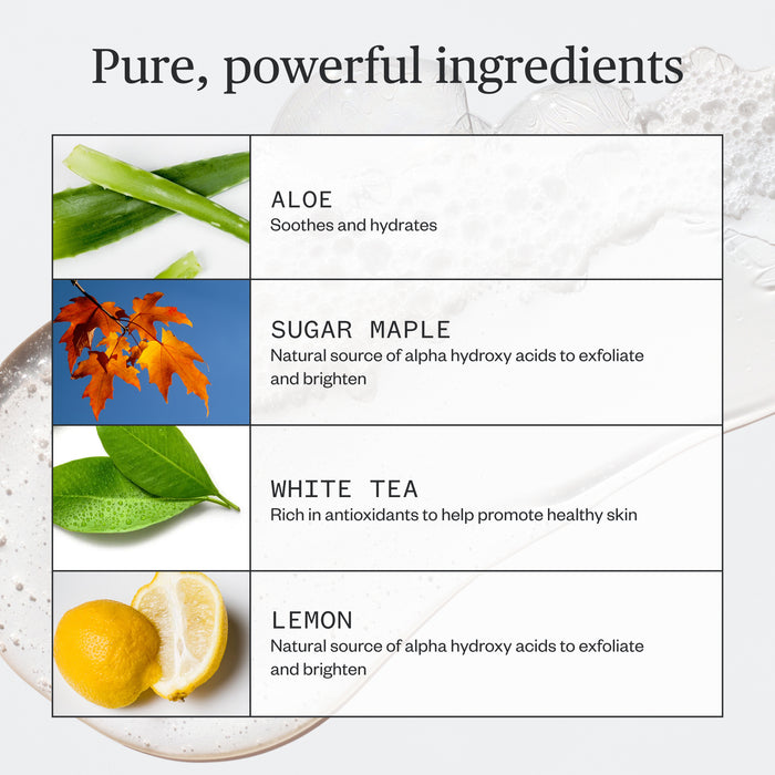 A chart features four key ingredients—aloe, sugar maple, white tea, and lemon—showcasing skin benefits in Ursa Majors Fantastic Face Wash Traveler. Creamy texture and white background enhance its appeal for nourishing daily cleansing.