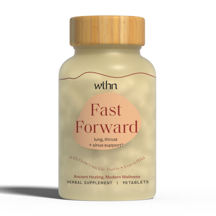 WTHNs Fast Forward herbal supplement, containing 90 tablets, is formulated for lung, throat, and sinus support. It features immune-boosting ingredients such as honeysuckle, basil, and forsythia.