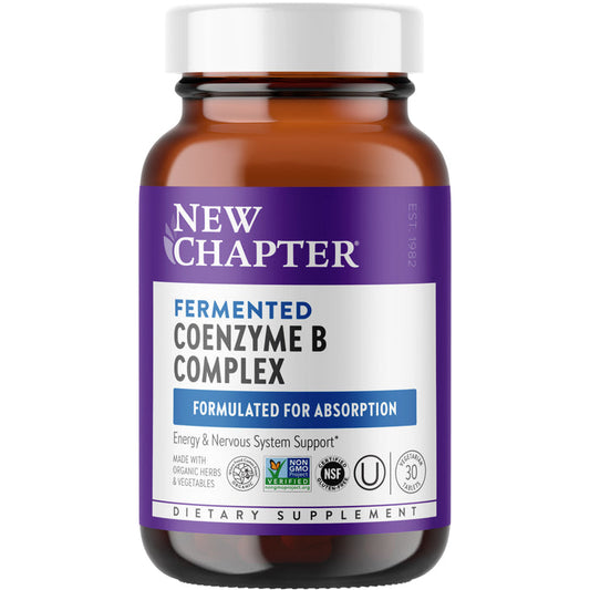 The New Chapter Fermented Coenzyme B Complex comes in a brown bottle with a purple and white label, featuring various certifications. This product supports energy metabolism and nervous system health with 30 tablets designed for effective absorption.