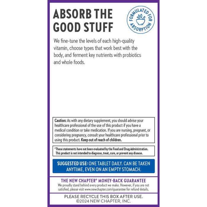 A label titled ABSORB THE GOOD STUFF details benefits of New Chapter’s Fermented Coenzyme B Complex for energy and nervous system support, with usage, caution, guarantee, recycling info, plus a blue Formulated for Absorption seal.