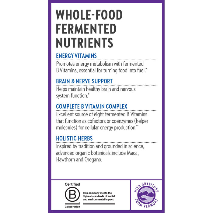 The New Chapter Fermented Coenzyme B Complex label highlights energy and nervous system support, a complete B vitamin blend with biotin, holistic herbs, certification details, and “With Gratitude from Vermont” at the bottom.