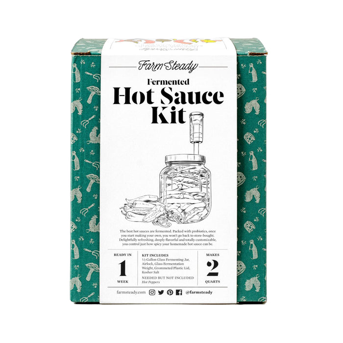 A green box displays FarmSteadys Fermented Hot Sauce Kit, illustrated with a jar of peppers and a fermentation lock. The label explains how to craft homemade hot sauce with deep umami flavors.