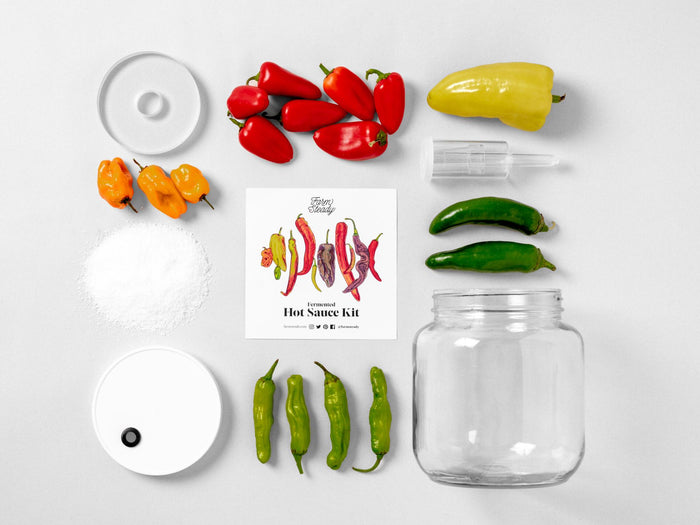 Flat lay of the FarmSteady Fermented Hot Sauce Kit with chili peppers, glass jar, white powder packet, dropper, and an instruction card with pepper illustrations. Experience umami depth that elevates every dish.