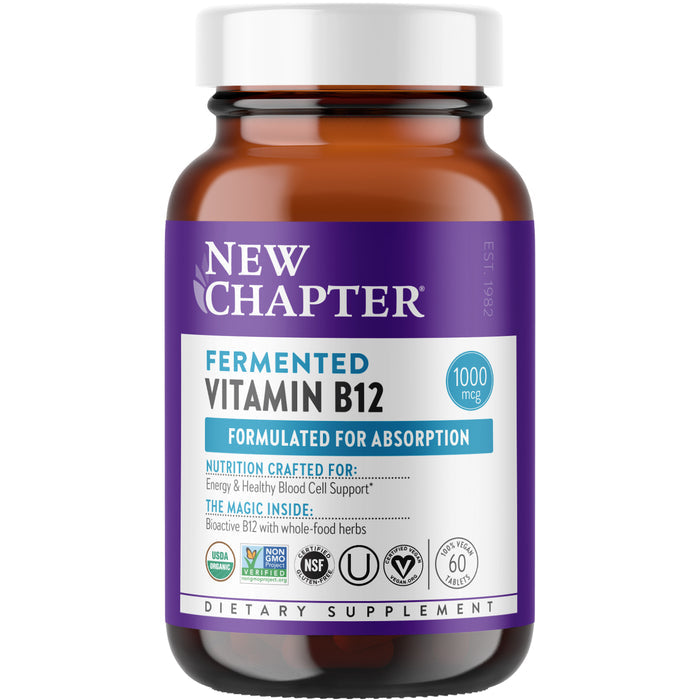 A brown New Chapter bottle of Fermented Vitamin B12 - For Cellular Energy + Healthy Blood Cells features a purple and white label, stating Formulated for Absorption, offering 1000 mcg of bioactive methylated B12, and displays non-GMO and vegan certification logos.