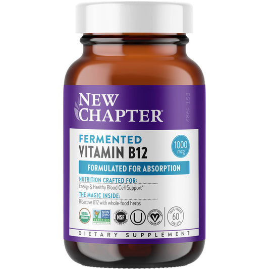 A brown New Chapter bottle of Fermented Vitamin B12 - For Cellular Energy + Healthy Blood Cells features a purple and white label, stating Formulated for Absorption, offering 1000 mcg of bioactive methylated B12, and displays non-GMO and vegan certification logos.
