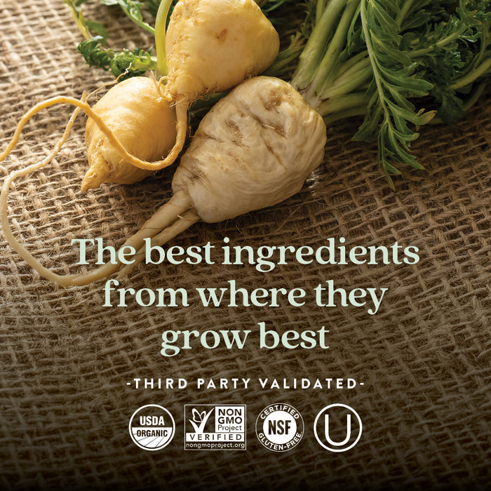 Three fresh parsnips with green tops on a woven mat and the text: The best ingredients from where they grow best, certification logos, and details about New Chapter Fermented Vitamin B12 for cellular energy and healthy blood cells.