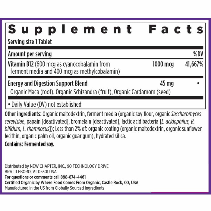 New Chapter Fermented Vitamin B12 - For Cellular Energy + Healthy Blood Cells: Supplement Facts—Vitamin B12 (1000 mcg, 41,667% DV), energy blend with organic maca, schisandra & cardamom (45 mg). Includes full ingredients list and distributor info.