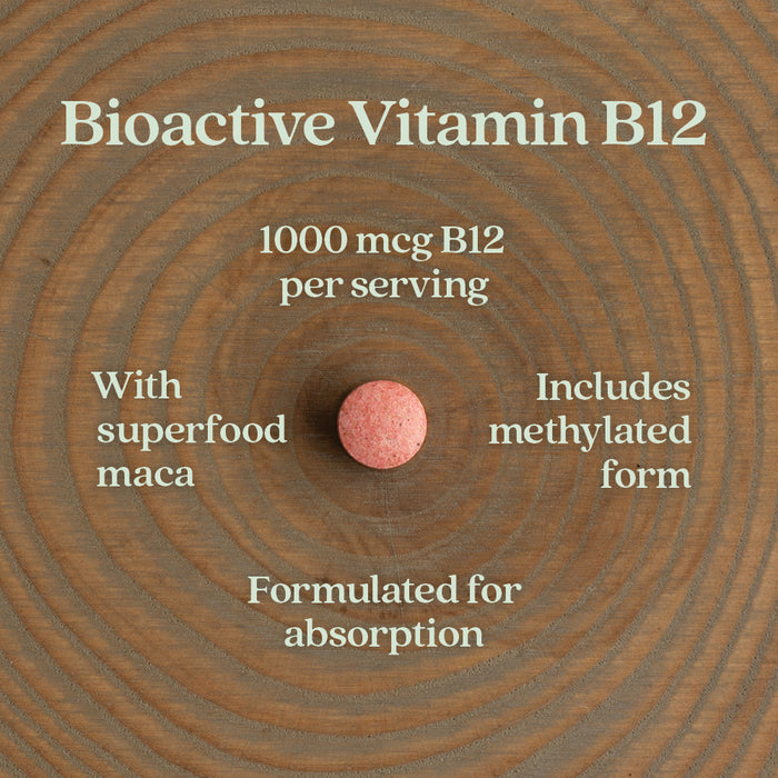 A round pink tablet on wood with text: New Chapter Fermented Vitamin B12 - For Cellular Energy + Healthy Blood Cells, 1000 mcg per serving, with superfood maca, methylated and fermented forms for absorption, natural energy support.