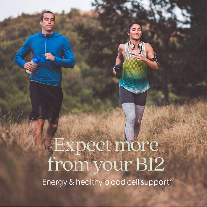 A man and woman jog outdoors, both in athletic wear. Text: New Chapter Fermented Vitamin B12—For Cellular Energy + Healthy Blood Cells.* Expect more from your methylated B12.