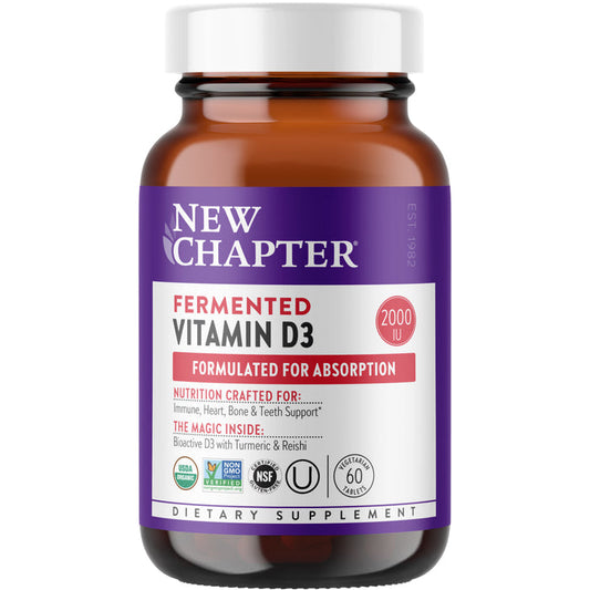 A brown bottle of New Chapters Fermented Vitamin D3, featuring 2000 IU, is labeled for optimal absorption. The label highlights its certifications and dietary benefits like enhanced immune support and bone health.