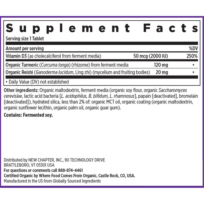 Supplement Facts label for New Chapter Fermented Vitamin D3, 2,000 IU for Immune, Heart & Bone Support tablets with organic turmeric and reishi; includes other ingredients, manufacturer info, and certifications at the bottom.