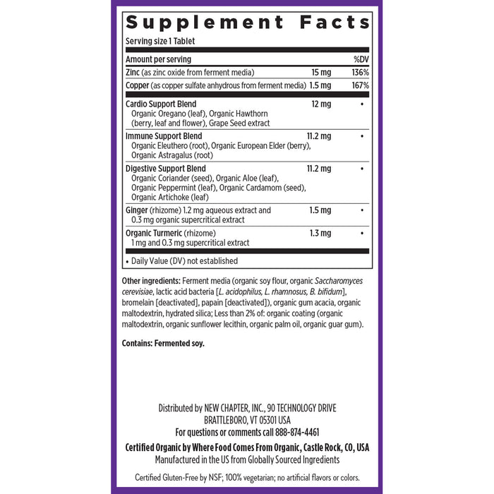 Check out the Supplement Facts of New Chapters Fermented Zinc Complex. It contains skin-nourishing ingredients like zinc, organic clove, cardamom, and turmeric. This gluten-free and organic dietary supplement is crafted to support your immune health.