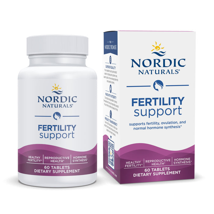 Nordic Naturals Fertility Support dietary supplement, packaged in an elegant white and purple box, comes with a bottle of 60 tablets designed to enhance ovarian function and reproductive health by promoting healthy fertility, ovulation, and hormone synthesis.
