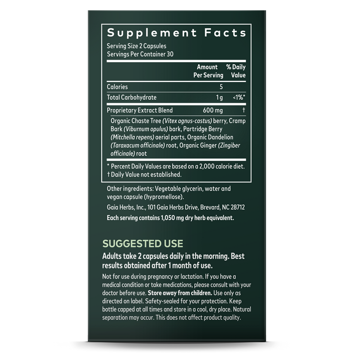 The Fertility Support bottle from Gaia Herbs features a supplement facts label detailing the serving size, ingredients such as Cramp Bark and Ginger Root, usage instructions, and includes a disclaimer about dietary supplements with contact info for Gaia Herbs. This herbal supplement naturally supports your body.