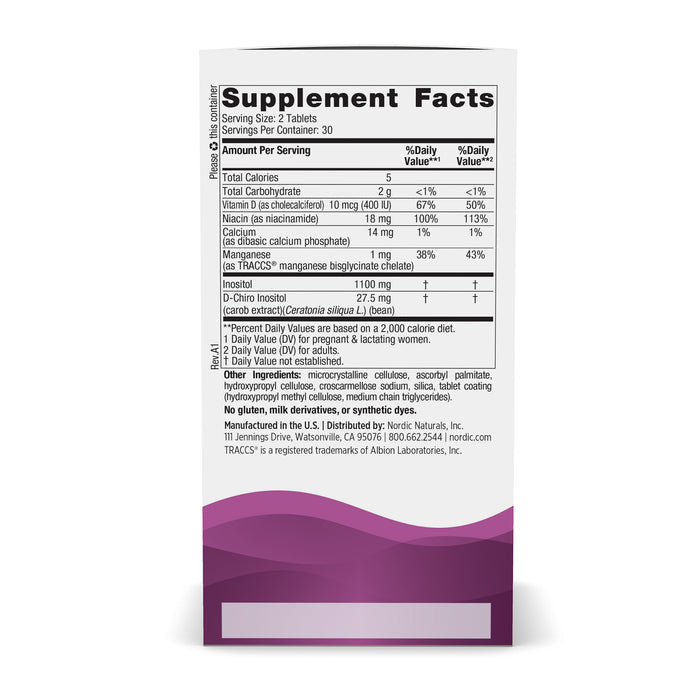 The Nordic Naturals Fertility Support supplement facts label shows nutritional info per serving, such as calories, carbs, vitamins, and minerals. It features purple wave designs at the bottom and meal icons on the side. Formulated to aid fertility and ovarian health.