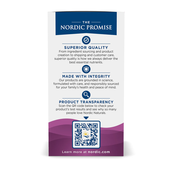 A pamphlet for Nordic Naturals Fertility Support highlights The Nordic Promise: Superior Quality, Made with Integrity, and Product Transparency. Focused on reproductive health, it includes a QR code and website link for more info.