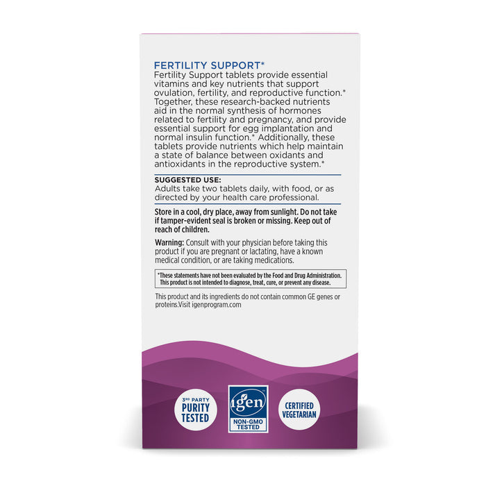 The image shows the back of a Nordic Naturals Fertility Support box, designed to boost reproductive health. It includes usage instructions, storage advice, and warnings. The sleek white and purple box is third-party tested, non-GMO, and vegetarian.